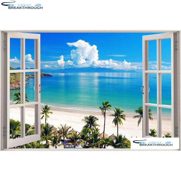 HOMFUN Full Square/Round Drill 5D DIY Diamond Painting "Window sea view" 3D Embroidery Cross Stitch 5D Home Decor A17135
