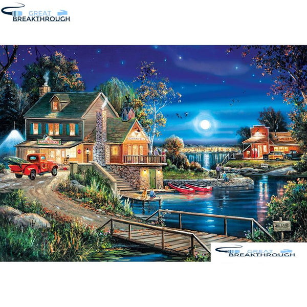 HOMFUN Full Square/Round Drill 5D DIY Diamond Painting "Moonlight & House" 3D Embroidery Cross Stitch 5D Home Decor A00873